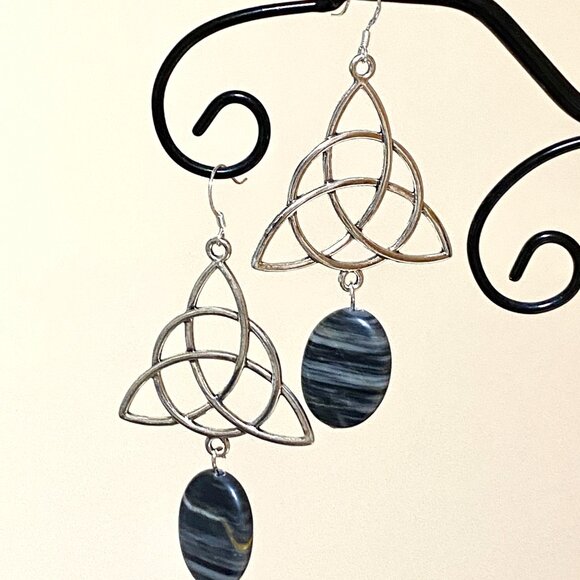 2/$20, Genuine Black Banded Agate Celtic Trinity Sterling Silver Dangle Earrings - Picture 6 of 10